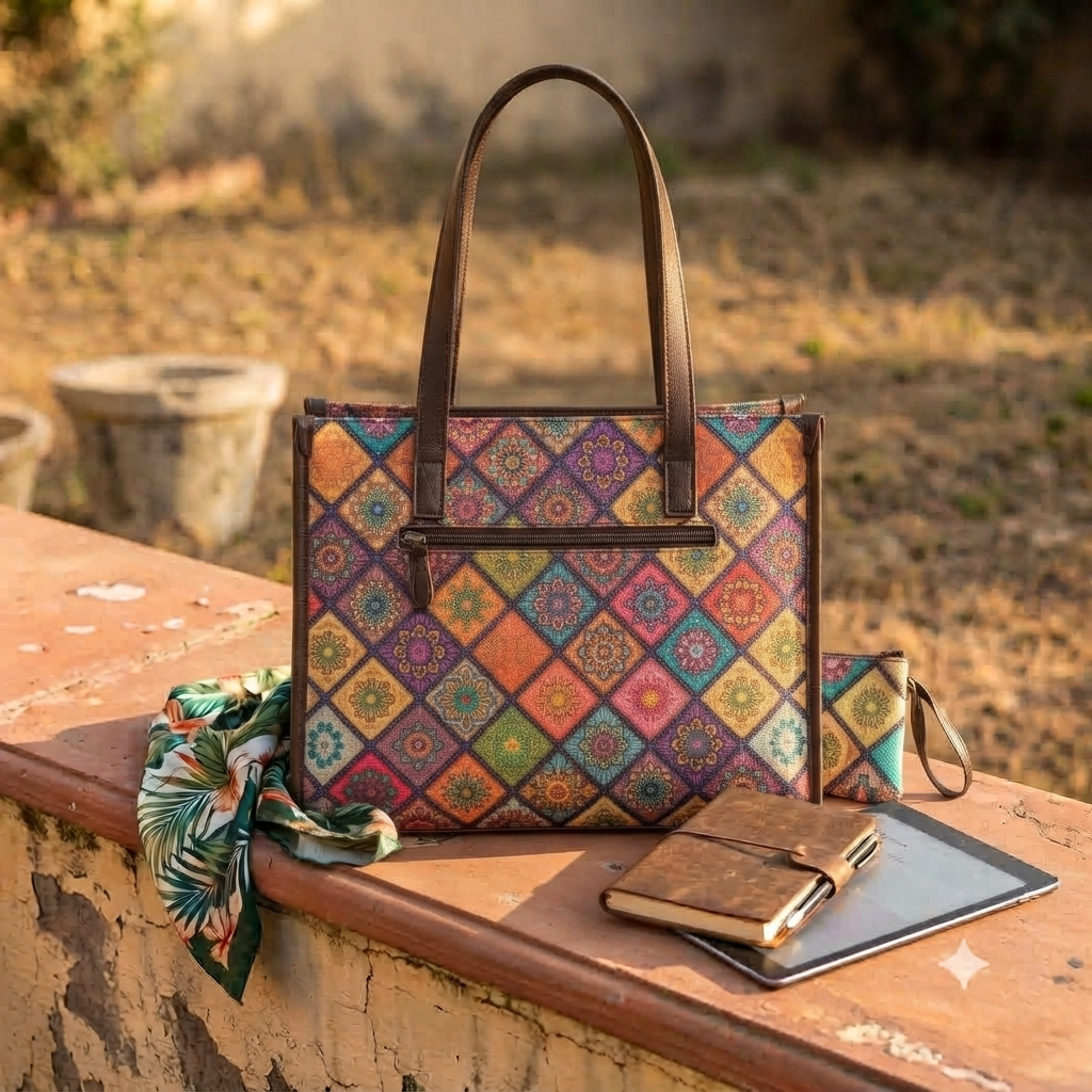 A structured cotton canvas laptop Master Tote bag measuring 16 by 12 inches with double leather carry handles, secure magnetic snap closure, and protective metal feet on the base, shown alongside a matching zippered utility clutch pouch.