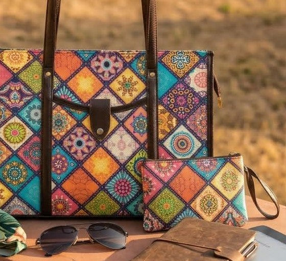 A structured cotton canvas laptop Master Tote bag measuring 16 by 12 inches with double leather carry handles, secure magnetic snap closure, and protective metal feet on the base, shown alongside a matching zippered utility clutch pouch.