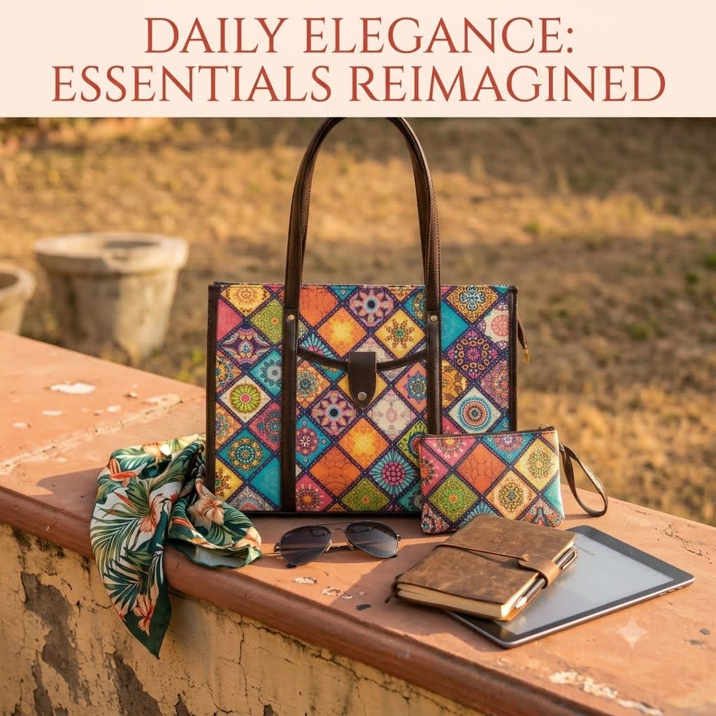 A structured cotton canvas laptop Master Tote bag measuring 16 by 12 inches with double leather carry handles, secure magnetic snap closure, and protective metal feet on the base, shown alongside a matching zippered utility clutch pouch.