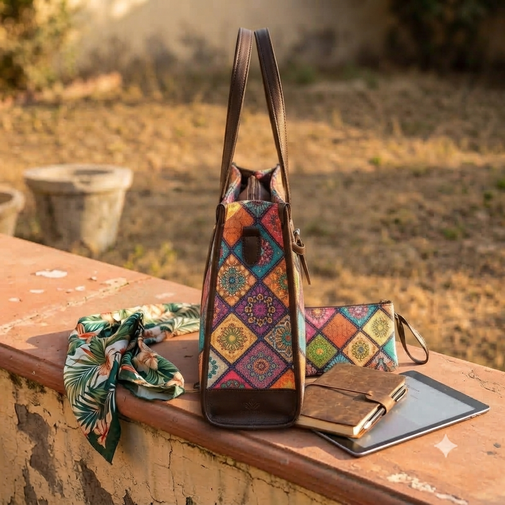 A structured cotton canvas laptop Master Tote bag measuring 16 by 12 inches with double leather carry handles, secure magnetic snap closure, and protective metal feet on the base, shown alongside a matching zippered utility clutch pouch.