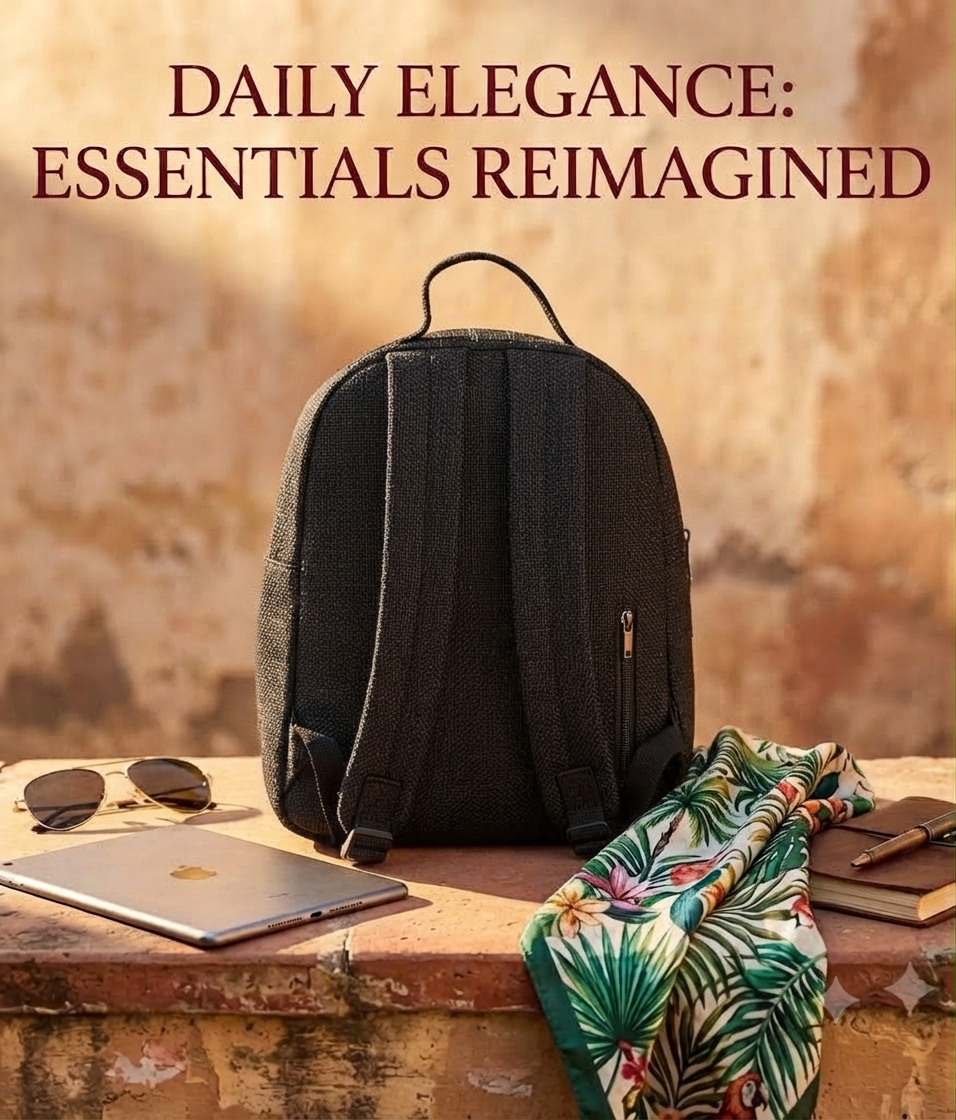 A textured woven backpack featuring a prominent floral patterned lower half, displayed alongside a tablet, sunglasses, and a leafy-print scarf on an outdoor ledge.