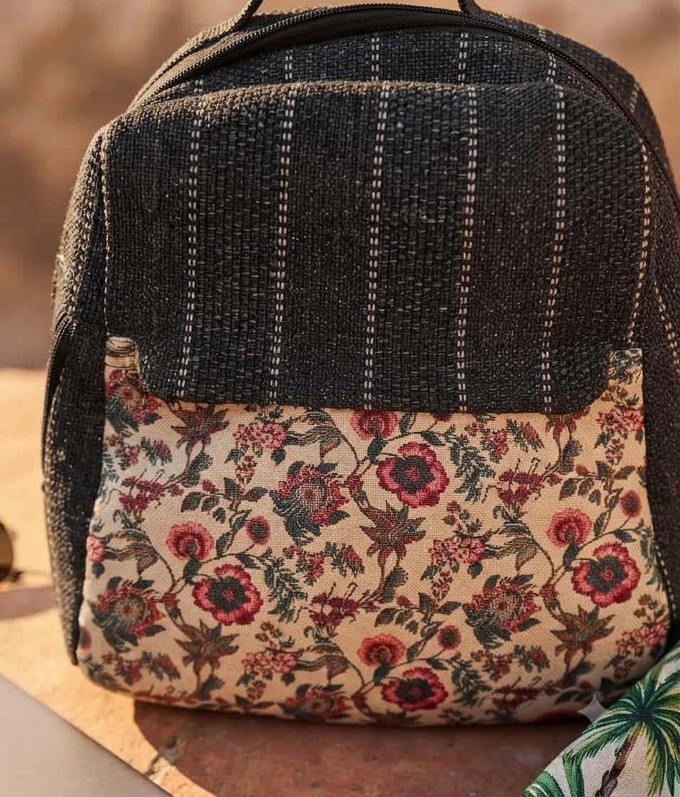 A textured woven backpack featuring a prominent floral patterned lower half, displayed alongside a tablet, sunglasses, and a leafy-print scarf on an outdoor ledge.