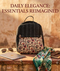 A textured woven backpack featuring a prominent floral patterned lower half, displayed alongside a tablet, sunglasses, and a leafy-print scarf on an outdoor ledge.