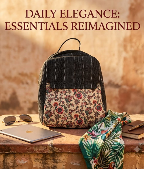 A textured woven backpack featuring a prominent floral patterned lower half, displayed alongside a tablet, sunglasses, and a leafy-print scarf on an outdoor ledge.