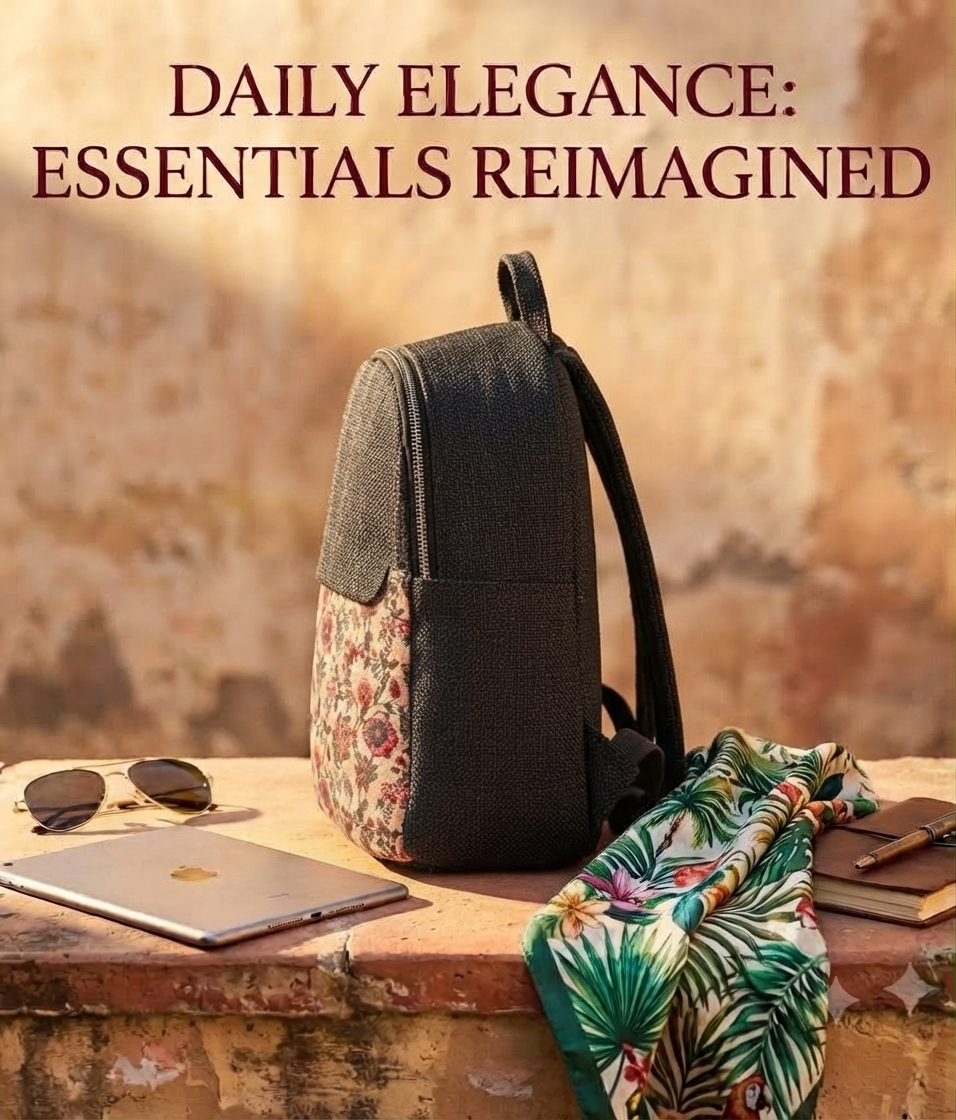 A textured woven backpack featuring a prominent floral patterned lower half, displayed alongside a tablet, sunglasses, and a leafy-print scarf on an outdoor ledge.
