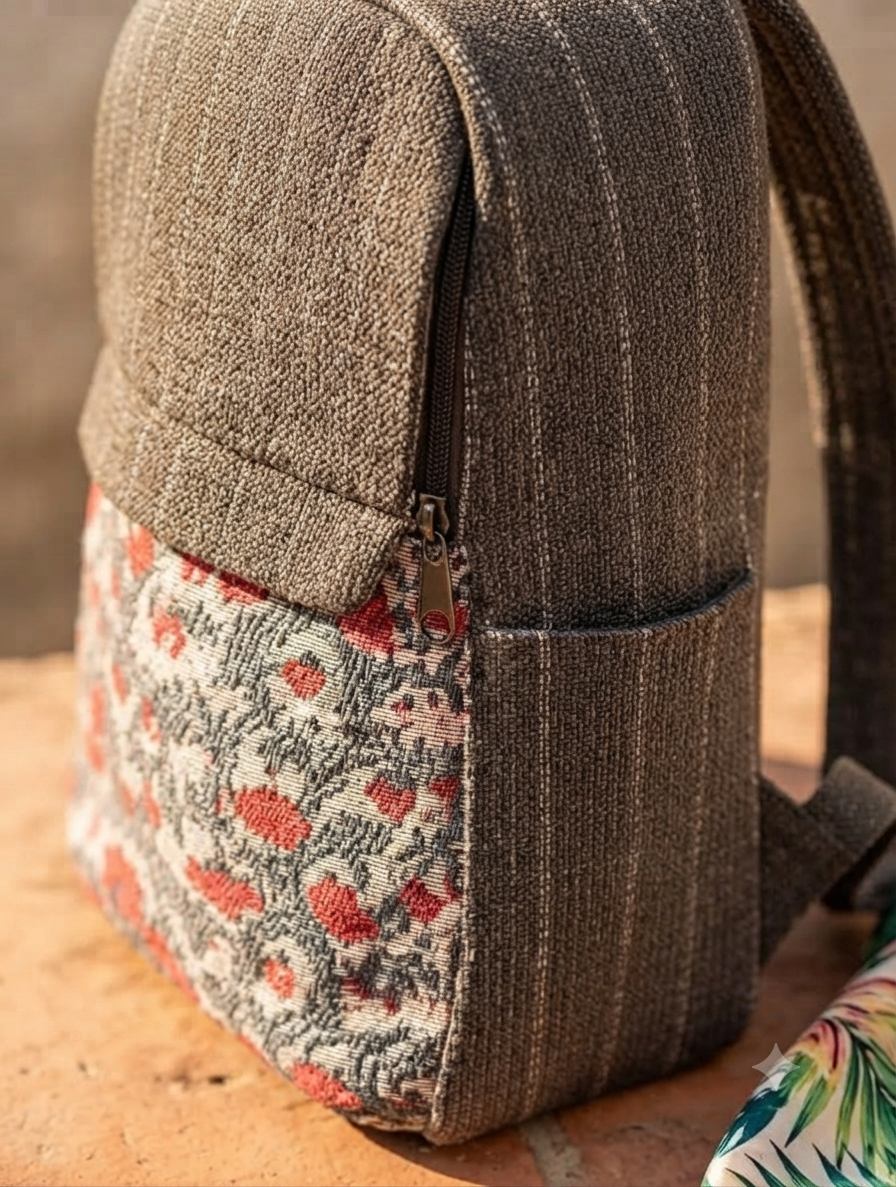 A textured woven backpack featuring a prominent floral patterned lower half, displayed alongside a tablet, sunglasses, and a leafy-print scarf on an outdoor ledge.