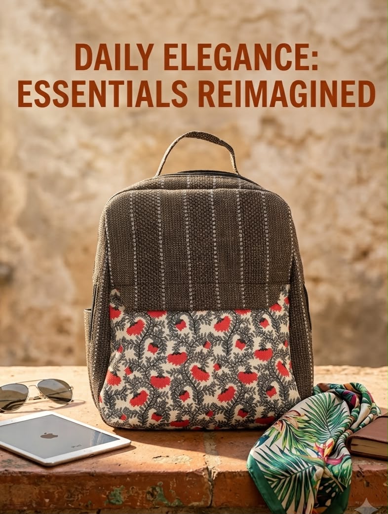 A textured woven backpack featuring a prominent floral patterned lower half, displayed alongside a tablet, sunglasses, and a leafy-print scarf on an outdoor ledge.