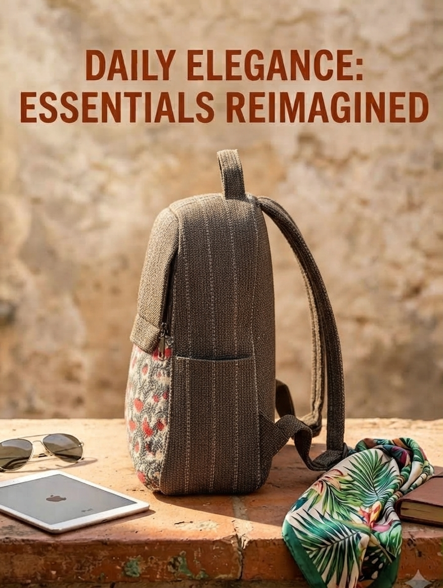 A textured woven backpack featuring a prominent floral patterned lower half, displayed alongside a tablet, sunglasses, and a leafy-print scarf on an outdoor ledge.