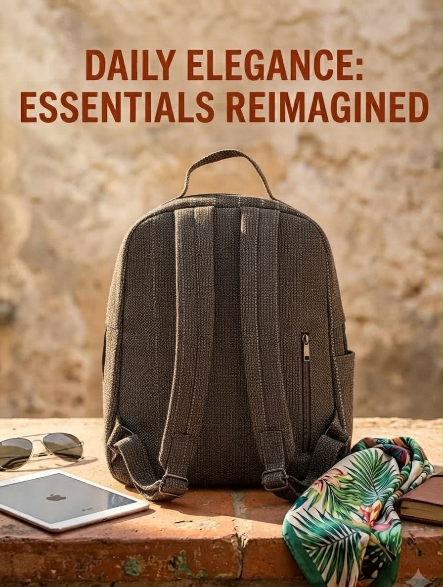 A textured woven backpack featuring a prominent floral patterned lower half, displayed alongside a tablet, sunglasses, and a leafy-print scarf on an outdoor ledge.