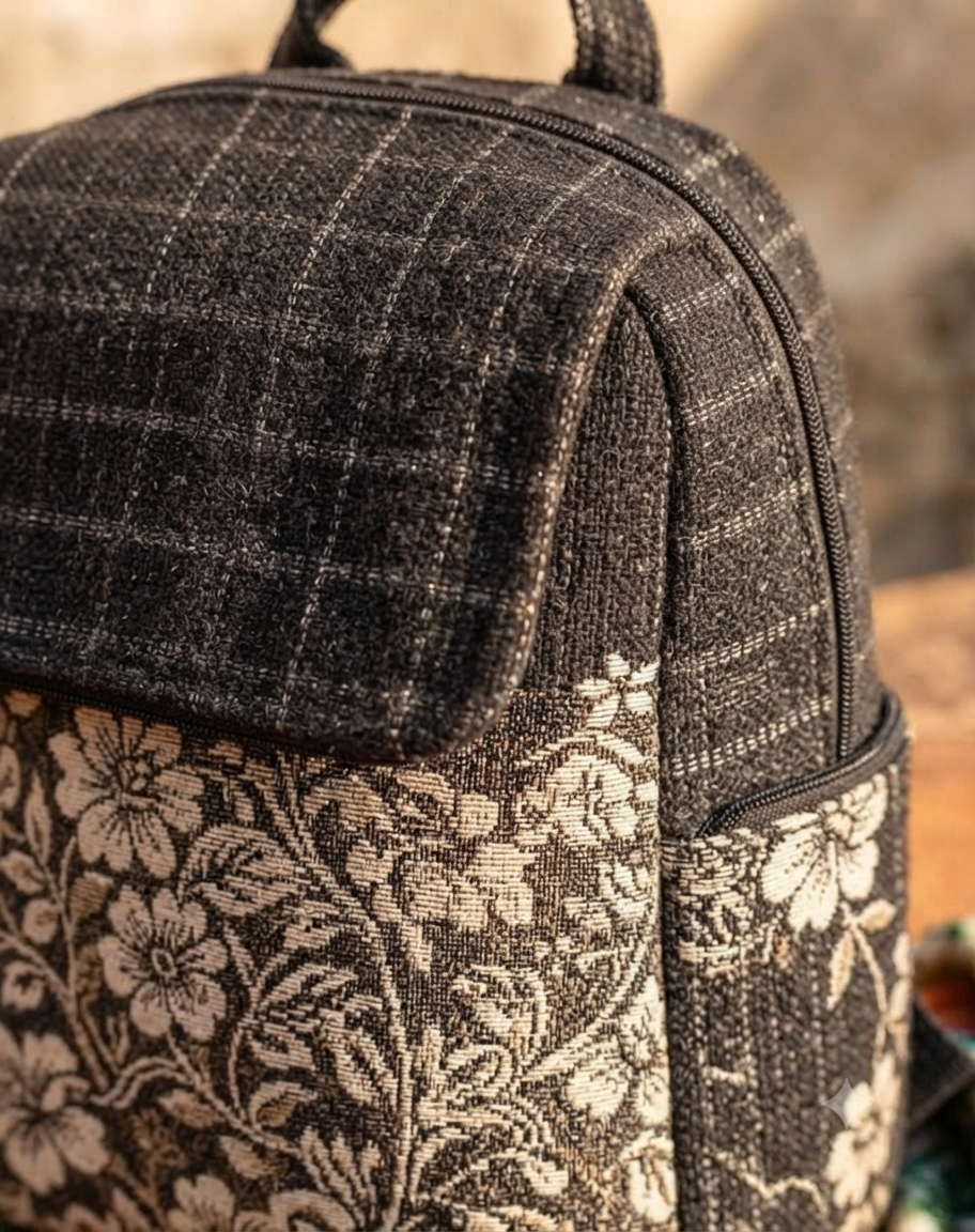 A textured woven backpack featuring a prominent floral patterned lower half, displayed alongside a tablet, sunglasses, and a leafy-print scarf on an outdoor ledge.
