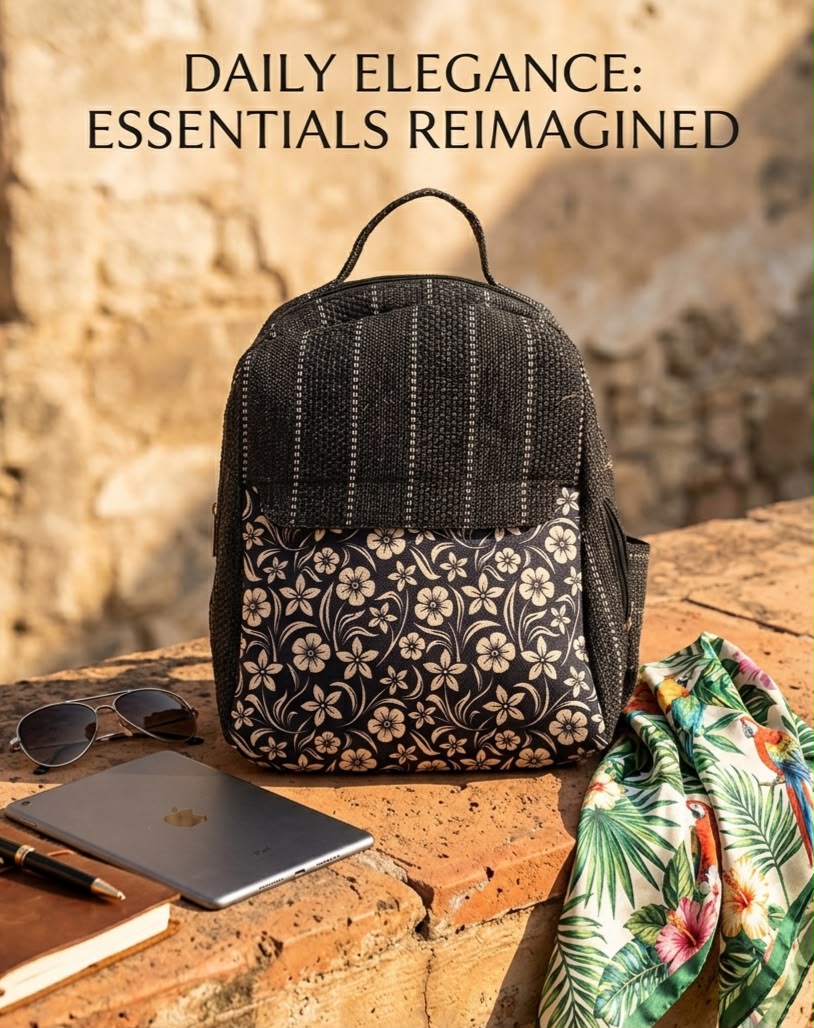 A textured woven backpack featuring a prominent floral patterned lower half, displayed alongside a tablet, sunglasses, and a leafy-print scarf on an outdoor ledge.
