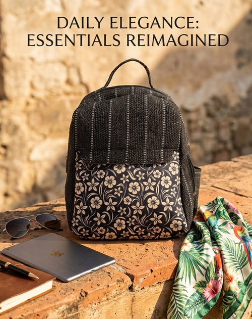 A textured woven backpack featuring a prominent floral patterned lower half, displayed alongside a tablet, sunglasses, and a leafy-print scarf on an outdoor ledge.