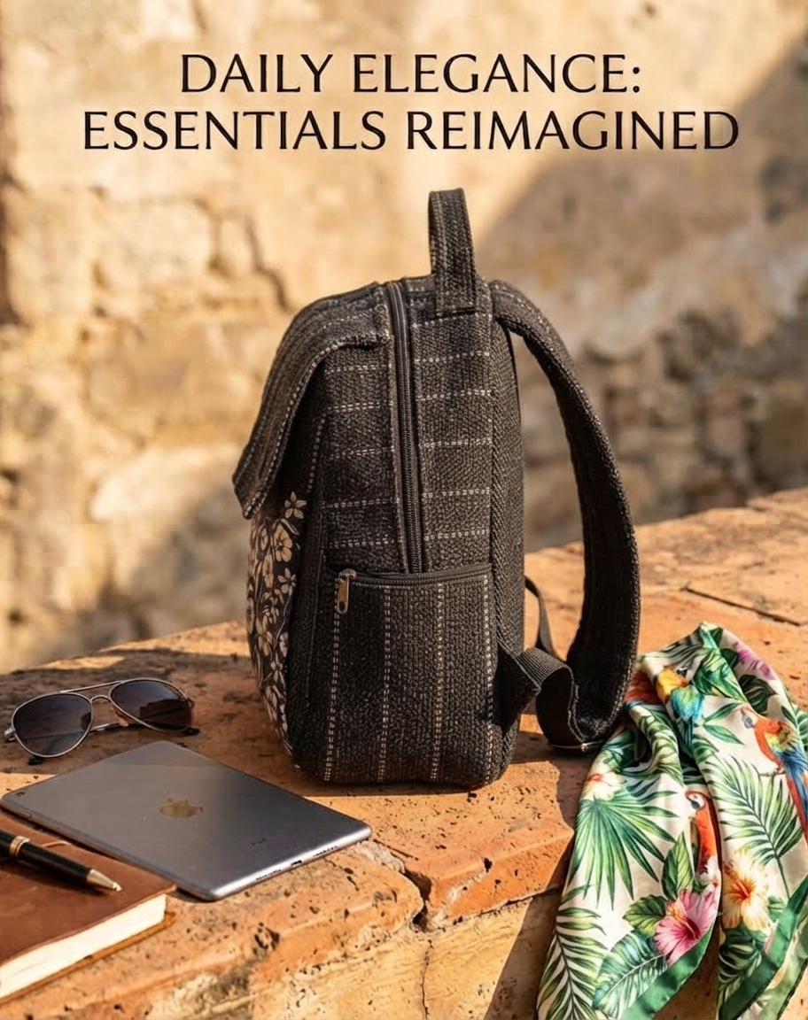 A textured woven backpack featuring a prominent floral patterned lower half, displayed alongside a tablet, sunglasses, and a leafy-print scarf on an outdoor ledge.