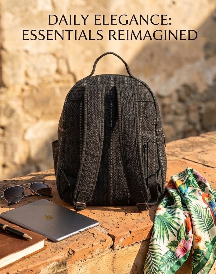 A textured woven backpack featuring a prominent floral patterned lower half, displayed alongside a tablet, sunglasses, and a leafy-print scarf on an outdoor ledge.