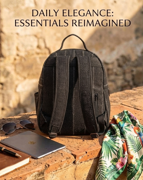 A textured woven backpack featuring a prominent floral patterned lower half, displayed alongside a tablet, sunglasses, and a leafy-print scarf on an outdoor ledge.