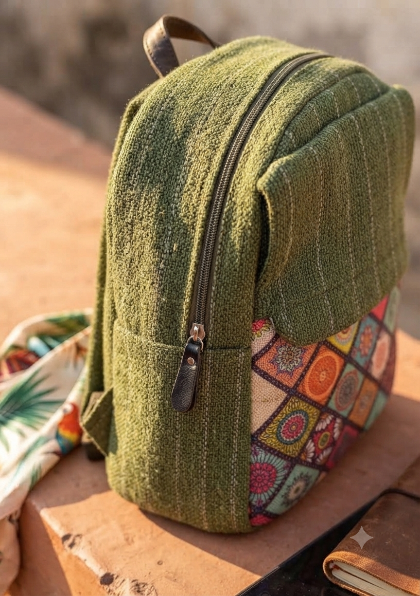 A textured woven backpack featuring a prominent floral patterned lower half, displayed alongside a tablet, sunglasses, and a leafy-print scarf on an outdoor ledge.