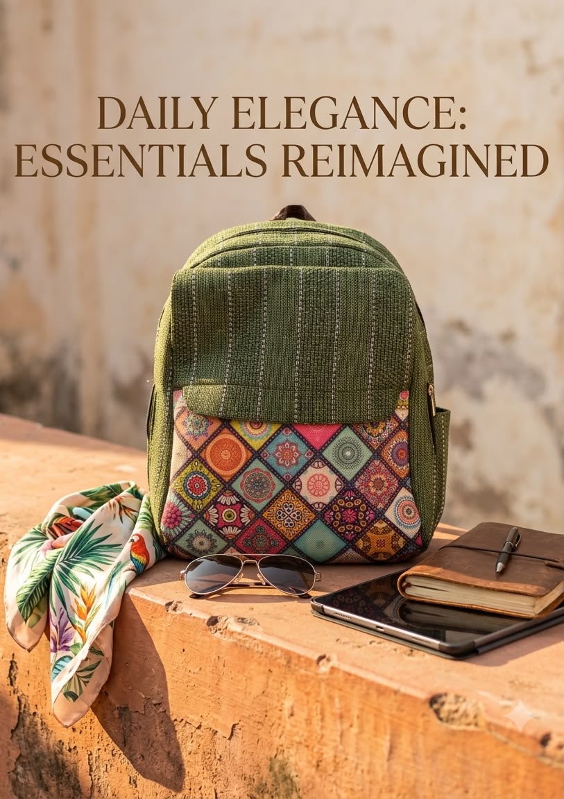 A textured woven backpack featuring a prominent floral patterned lower half, displayed alongside a tablet, sunglasses, and a leafy-print scarf on an outdoor ledge.