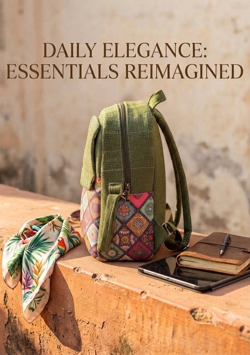 A textured woven backpack featuring a prominent floral patterned lower half, displayed alongside a tablet, sunglasses, and a leafy-print scarf on an outdoor ledge.