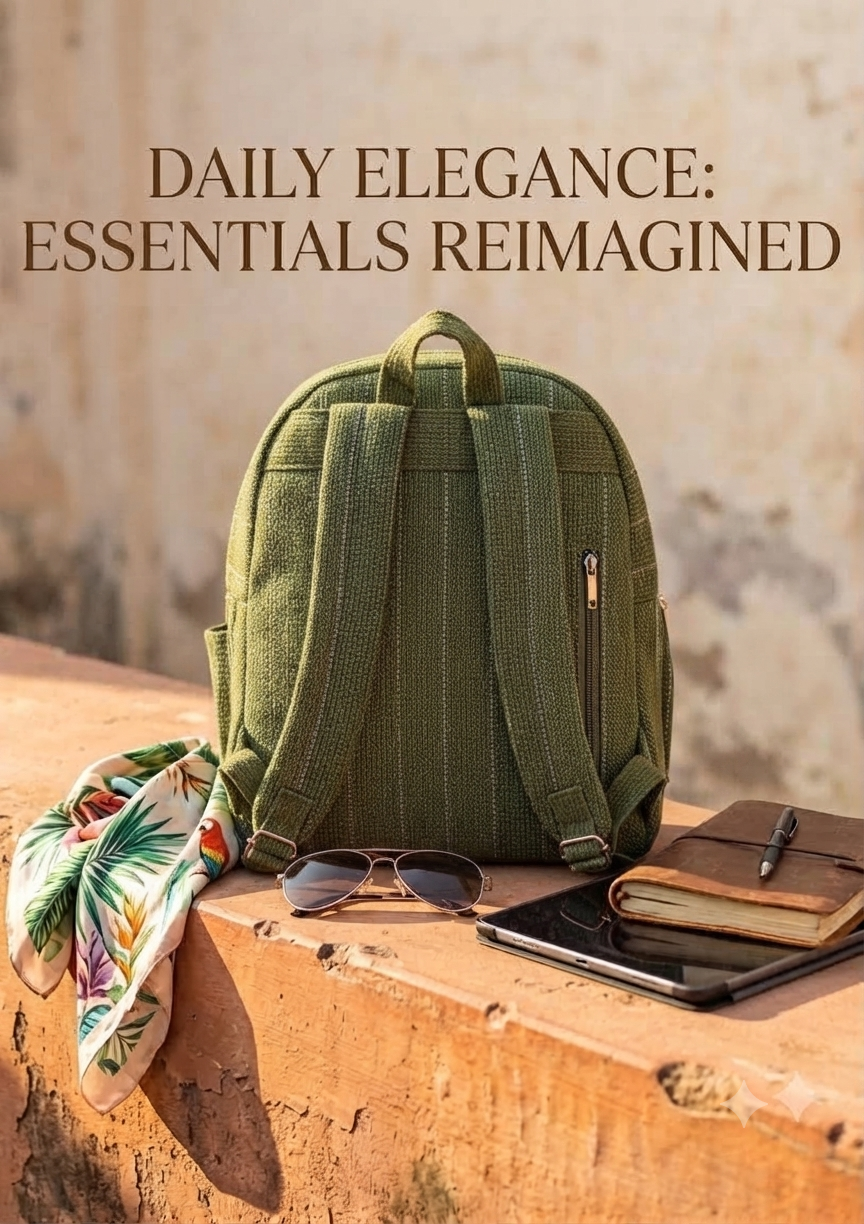 A textured woven backpack featuring a prominent floral patterned lower half, displayed alongside a tablet, sunglasses, and a leafy-print scarf on an outdoor ledge.