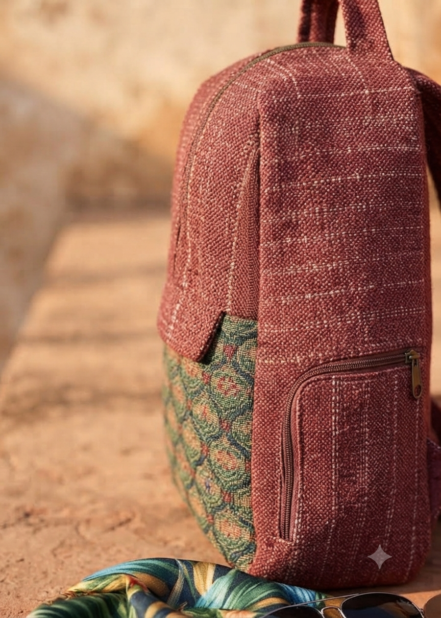 A textured woven backpack featuring a prominent floral patterned lower half, displayed alongside a tablet, sunglasses, and a leafy-print scarf on an outdoor ledge.