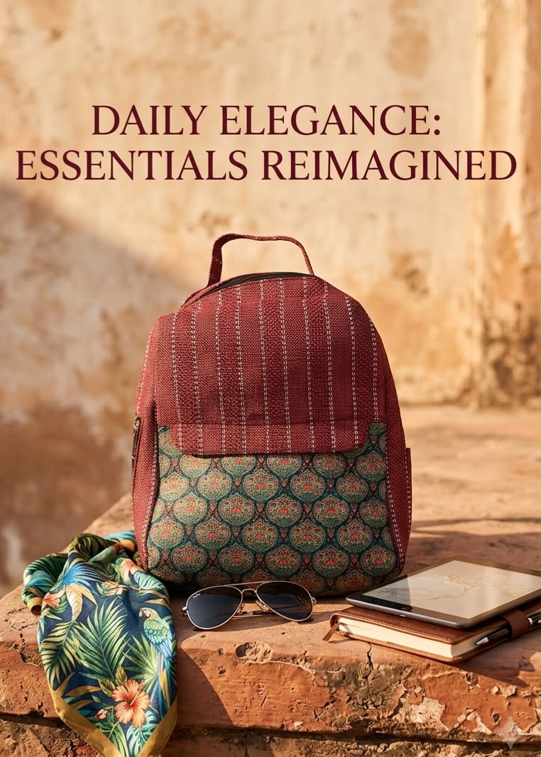A textured woven backpack featuring a prominent floral patterned lower half, displayed alongside a tablet, sunglasses, and a leafy-print scarf on an outdoor ledge.