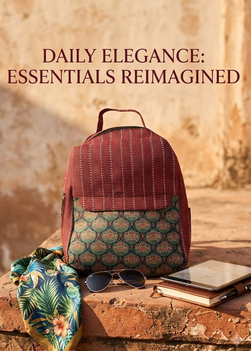 A textured woven backpack featuring a prominent floral patterned lower half, displayed alongside a tablet, sunglasses, and a leafy-print scarf on an outdoor ledge.