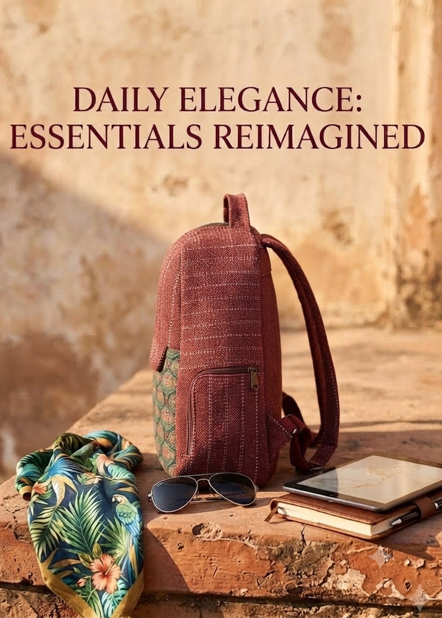 A textured woven backpack featuring a prominent floral patterned lower half, displayed alongside a tablet, sunglasses, and a leafy-print scarf on an outdoor ledge.