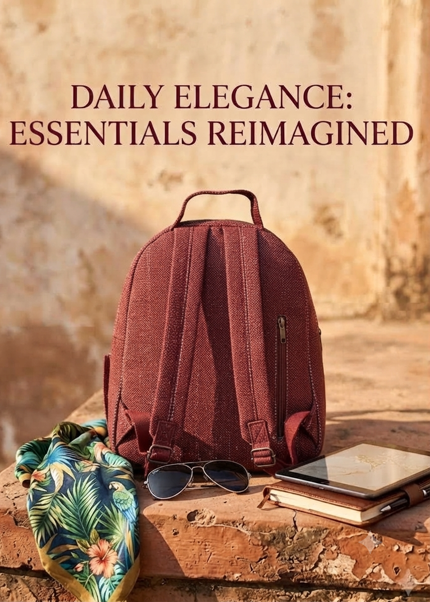 A textured woven backpack featuring a prominent floral patterned lower half, displayed alongside a tablet, sunglasses, and a leafy-print scarf on an outdoor ledge.