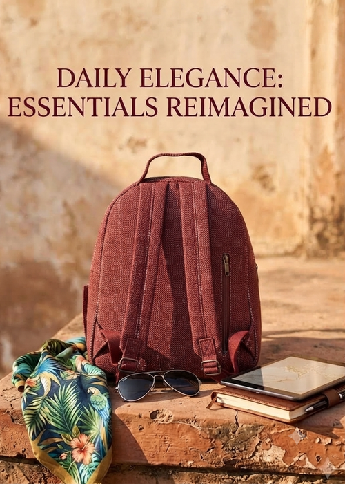 A textured woven backpack featuring a prominent floral patterned lower half, displayed alongside a tablet, sunglasses, and a leafy-print scarf on an outdoor ledge.
