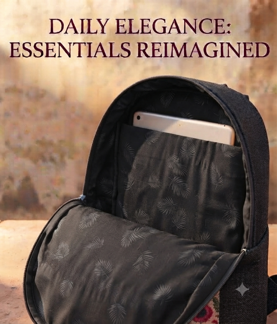 A textured woven backpack featuring a prominent floral patterned lower half, displayed alongside a tablet, sunglasses, and a leafy-print scarf on an outdoor ledge.