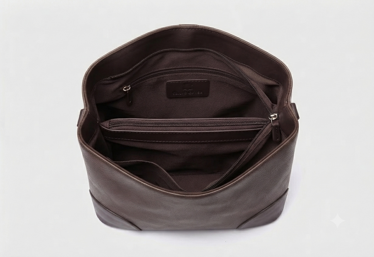 A structured faux-leather handbag featuring a large, central circular bronze plate embossed with an intricate royal Indian design, finished with a slim top handle and a thick brown adjustable strap.