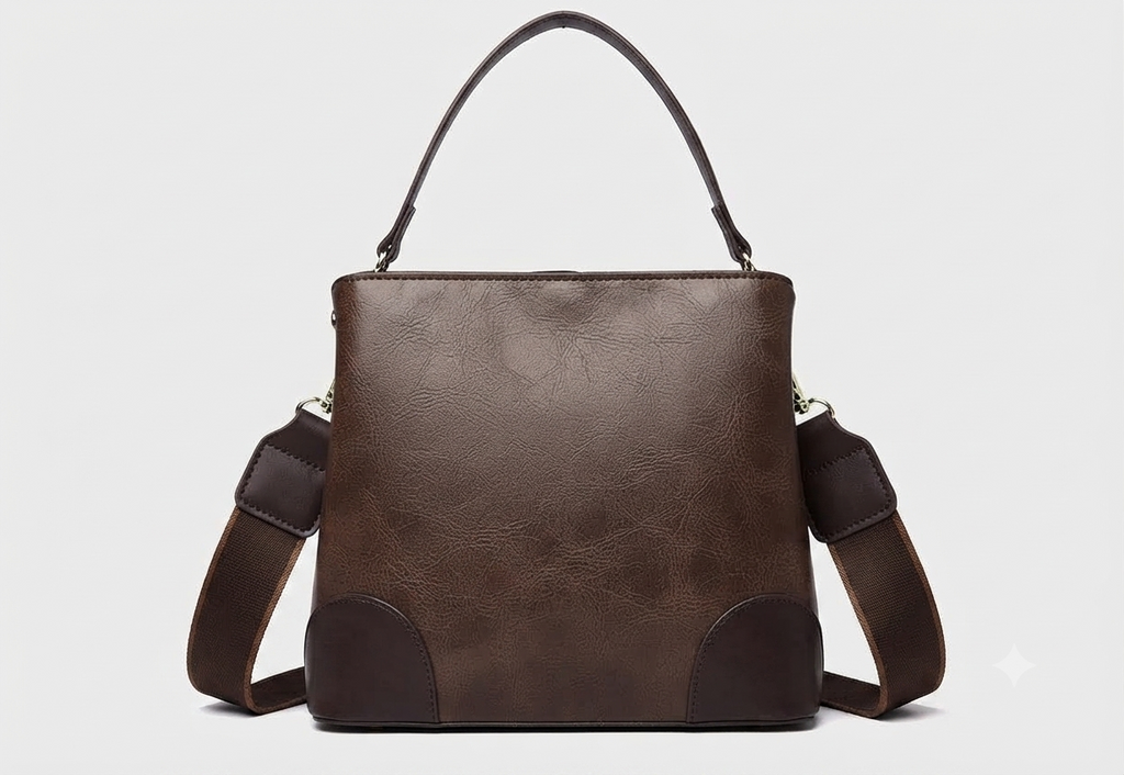A structured faux-leather handbag featuring a large, central circular bronze plate embossed with an intricate royal Indian design, finished with a slim top handle and a thick brown adjustable strap.