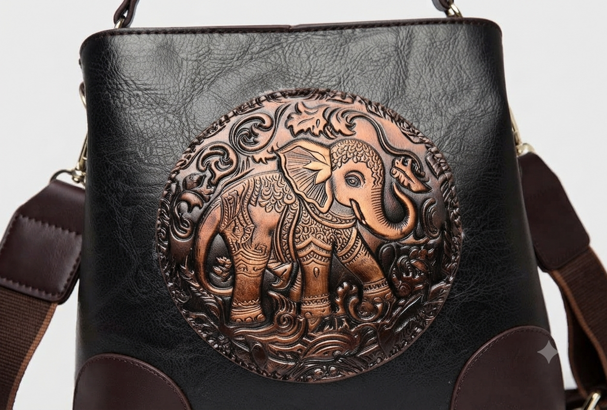 A structured faux-leather handbag featuring a large, central circular bronze plate embossed with an intricate royal Indian design, finished with a slim top handle and a thick brown adjustable strap.