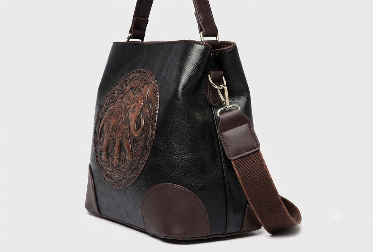 A structured faux-leather handbag featuring a large, central circular bronze plate embossed with an intricate royal Indian design, finished with a slim top handle and a thick brown adjustable strap.