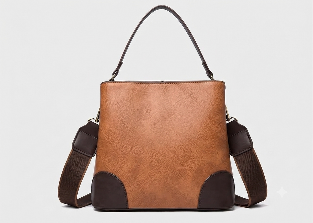 A structured faux-leather handbag featuring a large, central circular bronze plate embossed with an intricate royal Indian design, finished with a slim top handle and a thick brown adjustable strap.