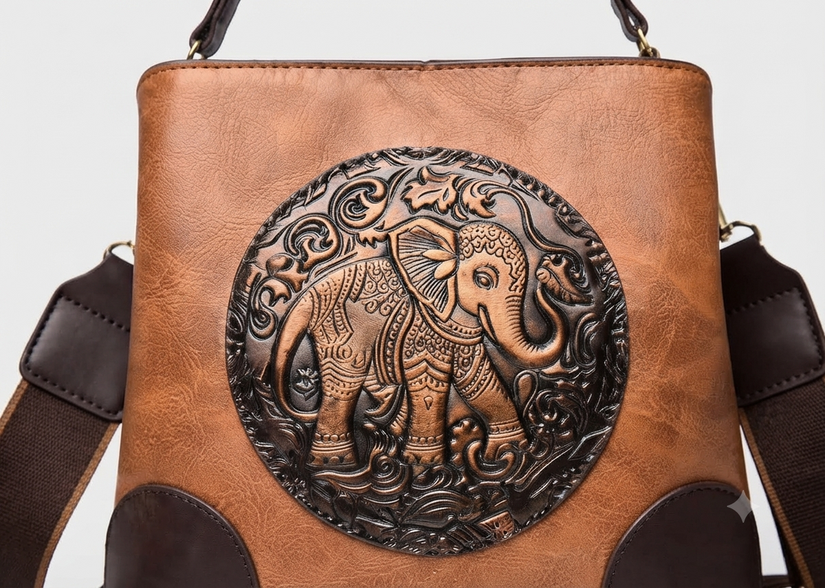 A structured faux-leather handbag featuring a large, central circular bronze plate embossed with an intricate royal Indian design, finished with a slim top handle and a thick brown adjustable strap.