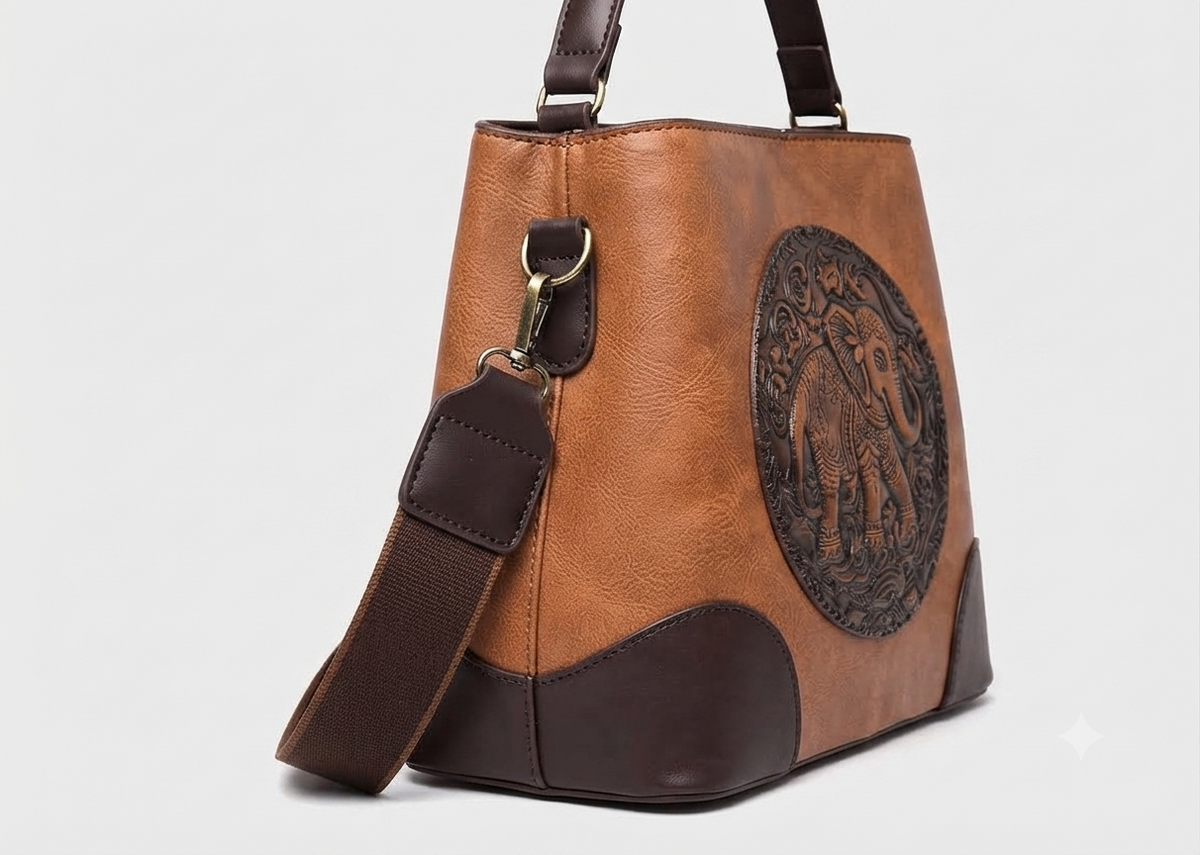 A structured faux-leather handbag featuring a large, central circular bronze plate embossed with an intricate royal Indian design, finished with a slim top handle and a thick brown adjustable strap.
