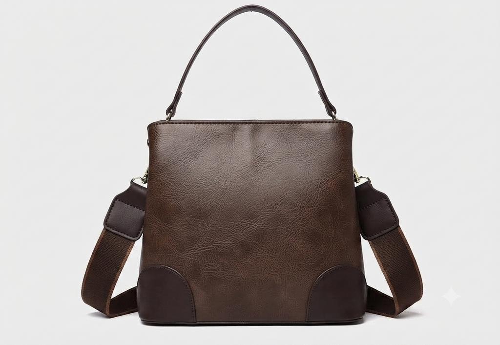 A structured faux-leather handbag featuring a large, central circular bronze plate embossed with an intricate royal Indian design, finished with a slim top handle and a thick brown adjustable strap.