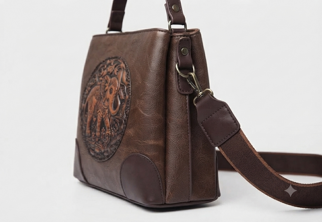 A structured faux-leather handbag featuring a large, central circular bronze plate embossed with an intricate royal Indian design, finished with a slim top handle and a thick brown adjustable strap.