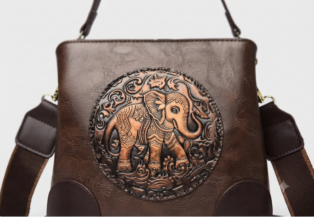 A structured faux-leather handbag featuring a large, central circular bronze plate embossed with an intricate royal Indian design, finished with a slim top handle and a thick brown adjustable strap.