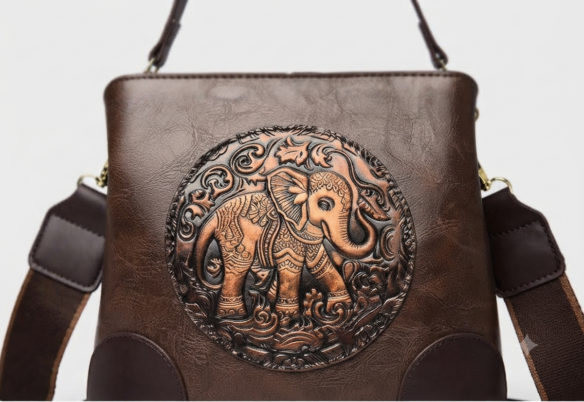 A structured faux-leather handbag featuring a large, central circular bronze plate embossed with an intricate royal Indian design, finished with a slim top handle and a thick brown adjustable strap.