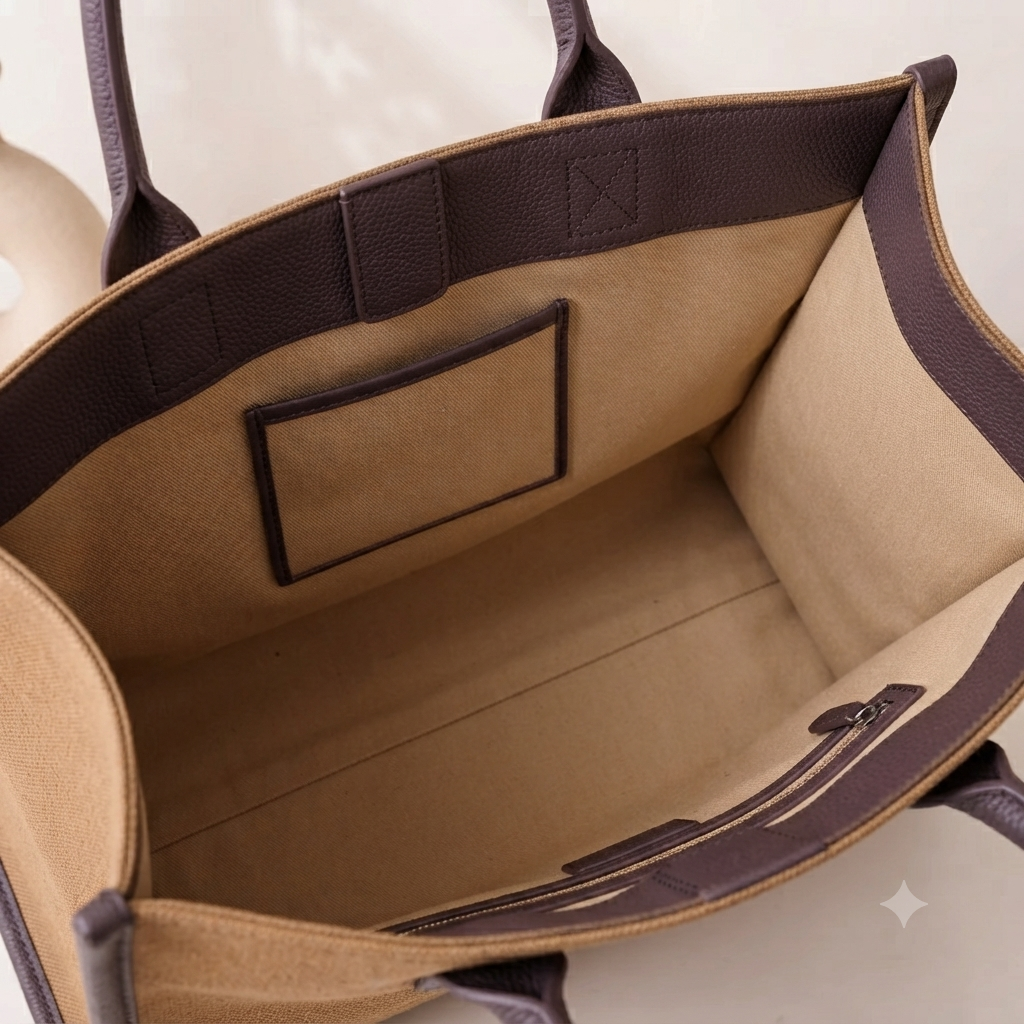 A structured rectangular canvas satchel handbag featuring an intricate circular fringed emblem with an artisanal motif, accented by contrast top handles and a matching detachable shoulder strap.
