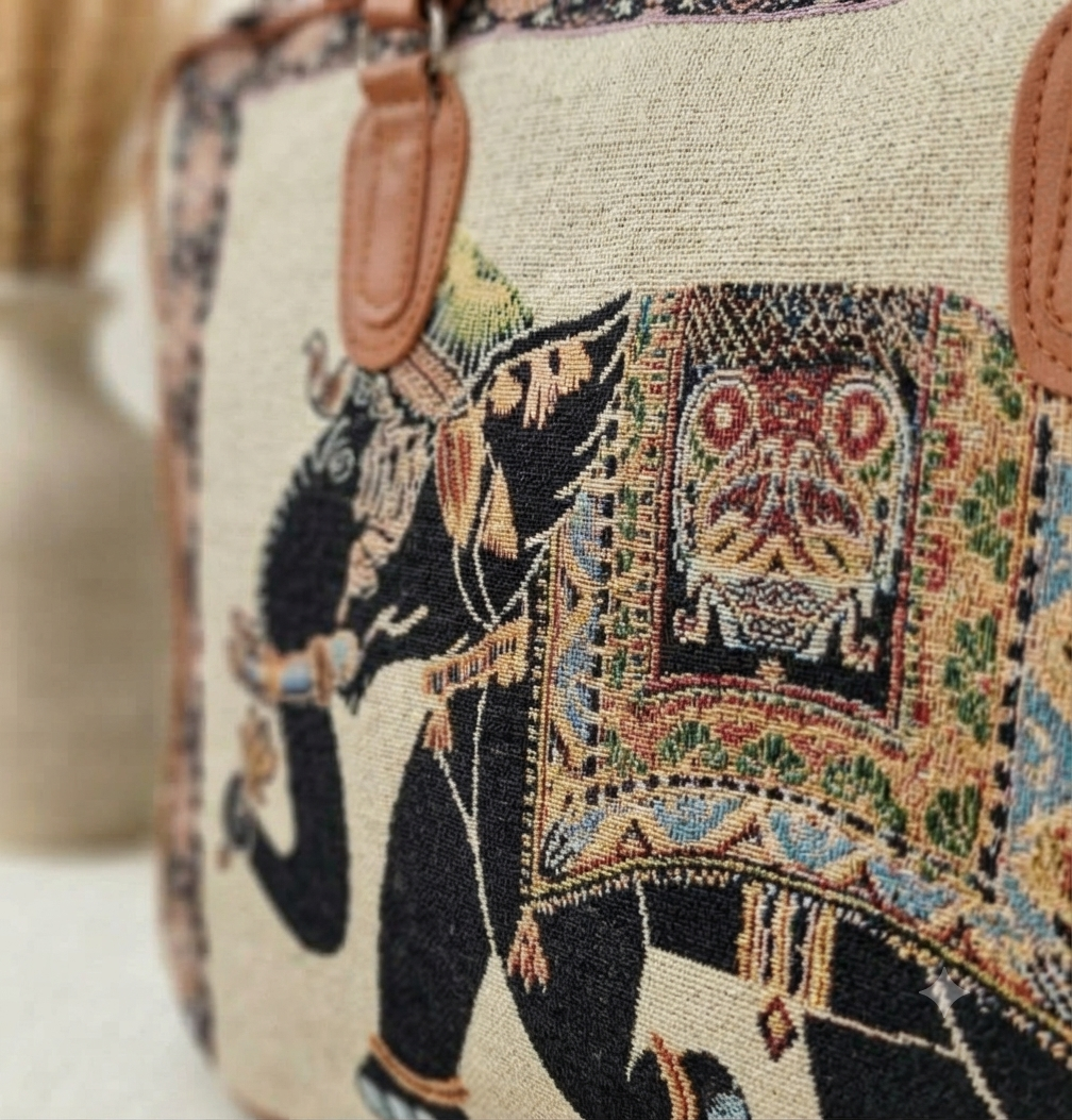 A structured canvas travel duffle bag featuring a detailed traditional Indian royal elephant motif, accented with brown top handles and complete with a detachable shoulder strap.