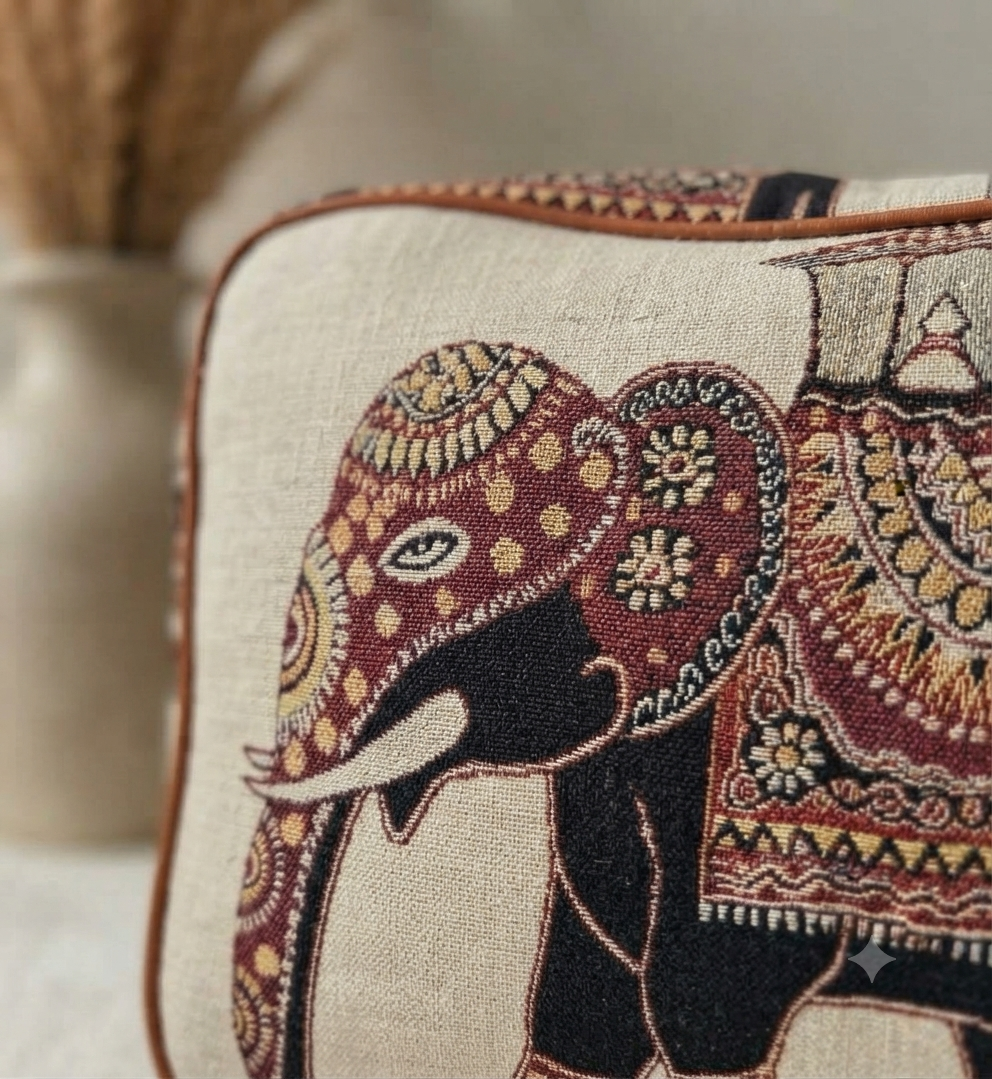 A structured canvas travel duffle bag featuring a detailed traditional Indian royal elephant motif, accented with brown top handles and complete with a detachable shoulder strap.