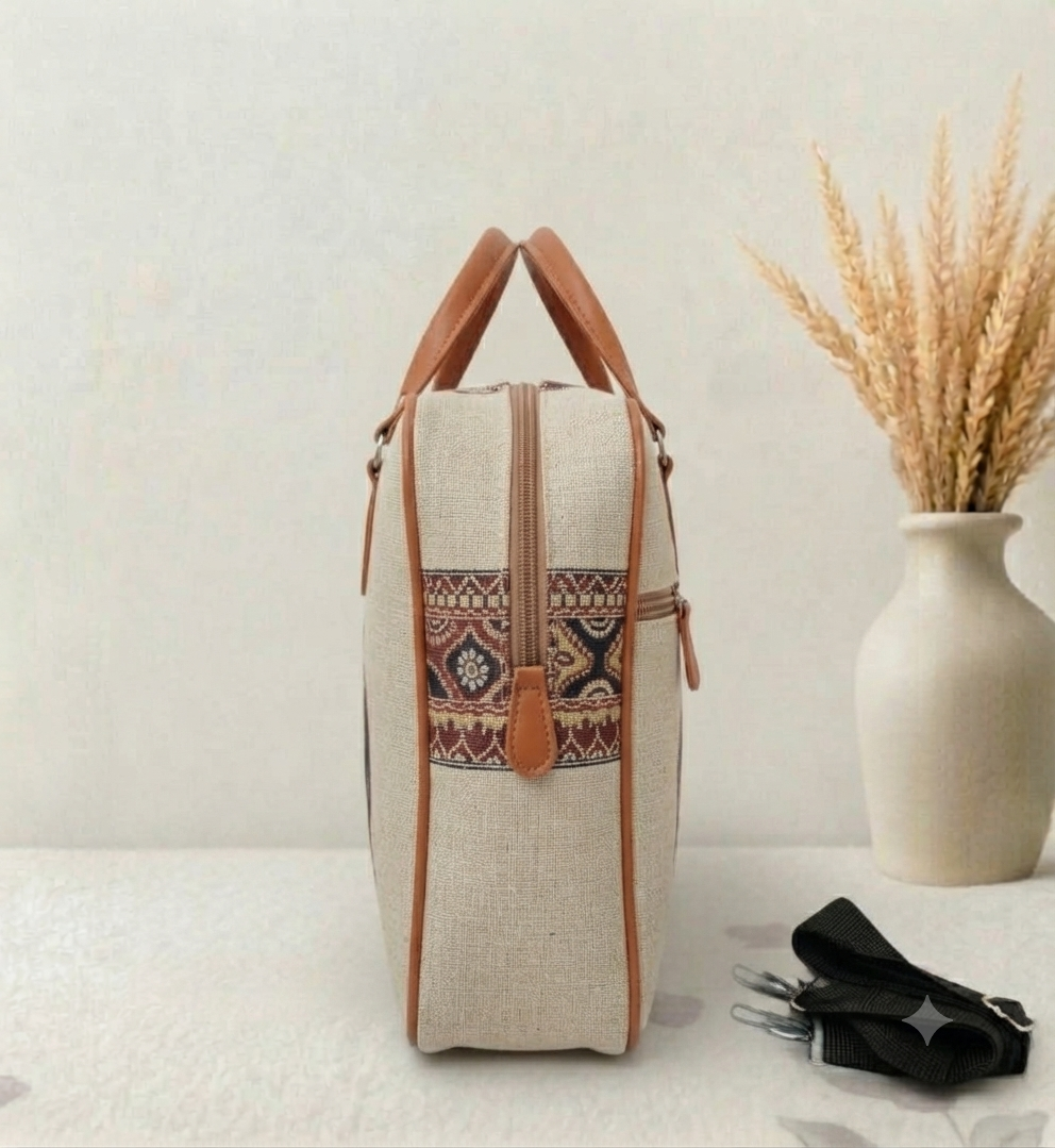 A structured canvas travel duffle bag featuring a detailed traditional Indian royal elephant motif, accented with brown top handles and complete with a detachable shoulder strap.