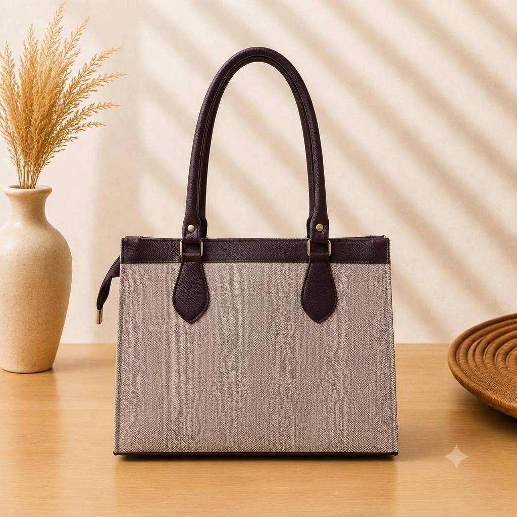 A structured rectangular canvas satchel handbag featuring an intricate circular fringed emblem with an artisanal motif, accented by contrast top handles and a matching detachable shoulder strap.