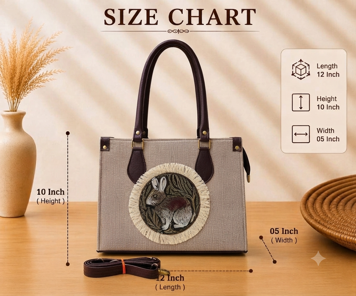 A structured rectangular canvas satchel handbag featuring an intricate circular fringed emblem with an artisanal motif, accented by contrast top handles and a matching detachable shoulder strap.