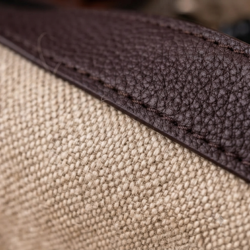 A structured rectangular canvas satchel handbag featuring an intricate circular fringed emblem with an artisanal motif, accented by contrast top handles and a matching detachable shoulder strap.