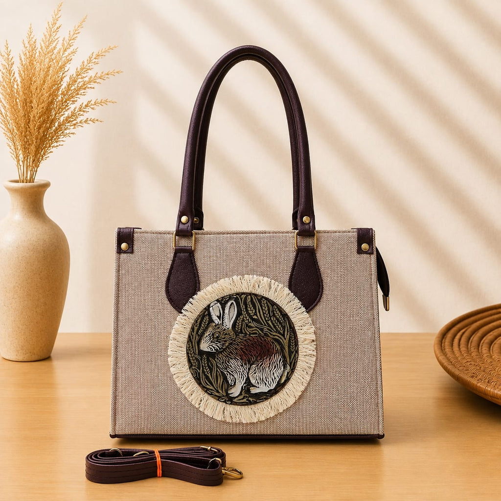 A structured rectangular canvas satchel handbag featuring an intricate circular fringed emblem with an artisanal motif, accented by contrast top handles and a matching detachable shoulder strap.