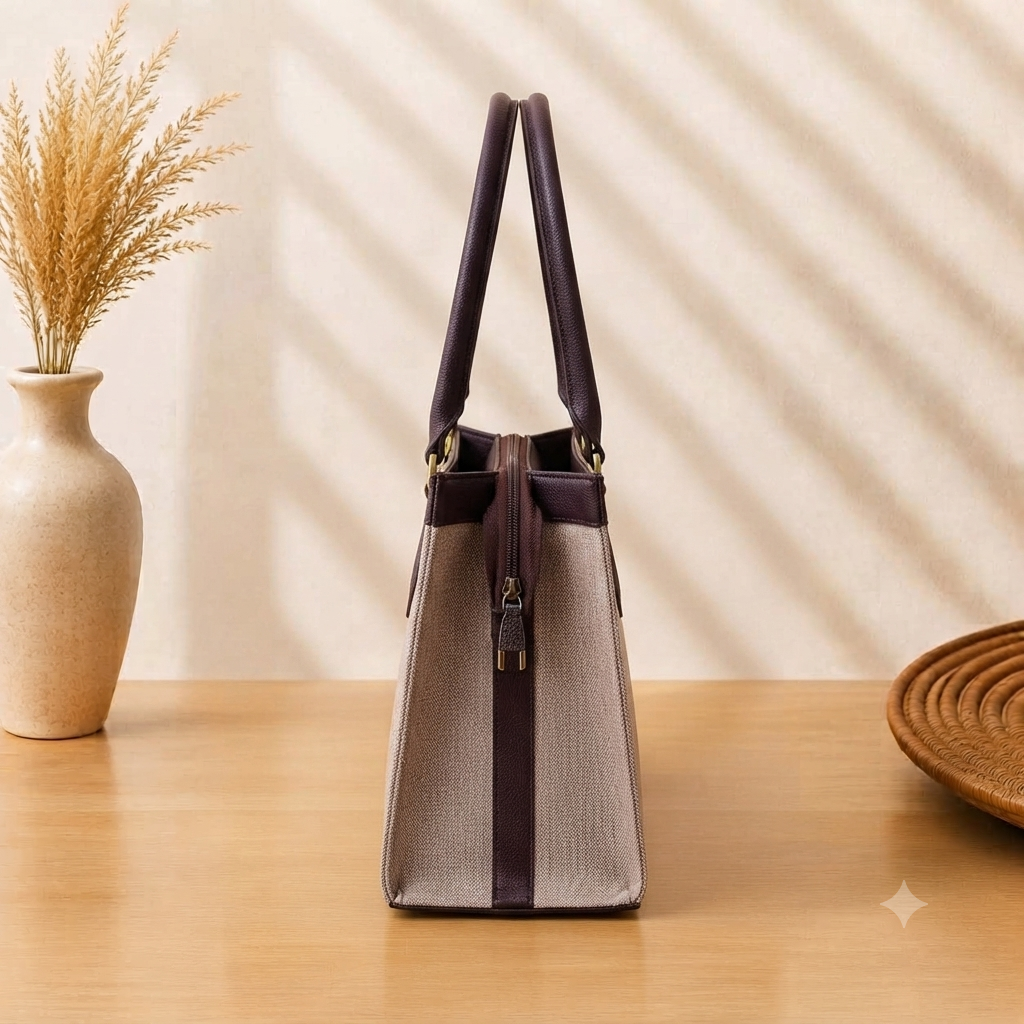 A structured rectangular canvas satchel handbag featuring an intricate circular fringed emblem with an artisanal motif, accented by contrast top handles and a matching detachable shoulder strap.